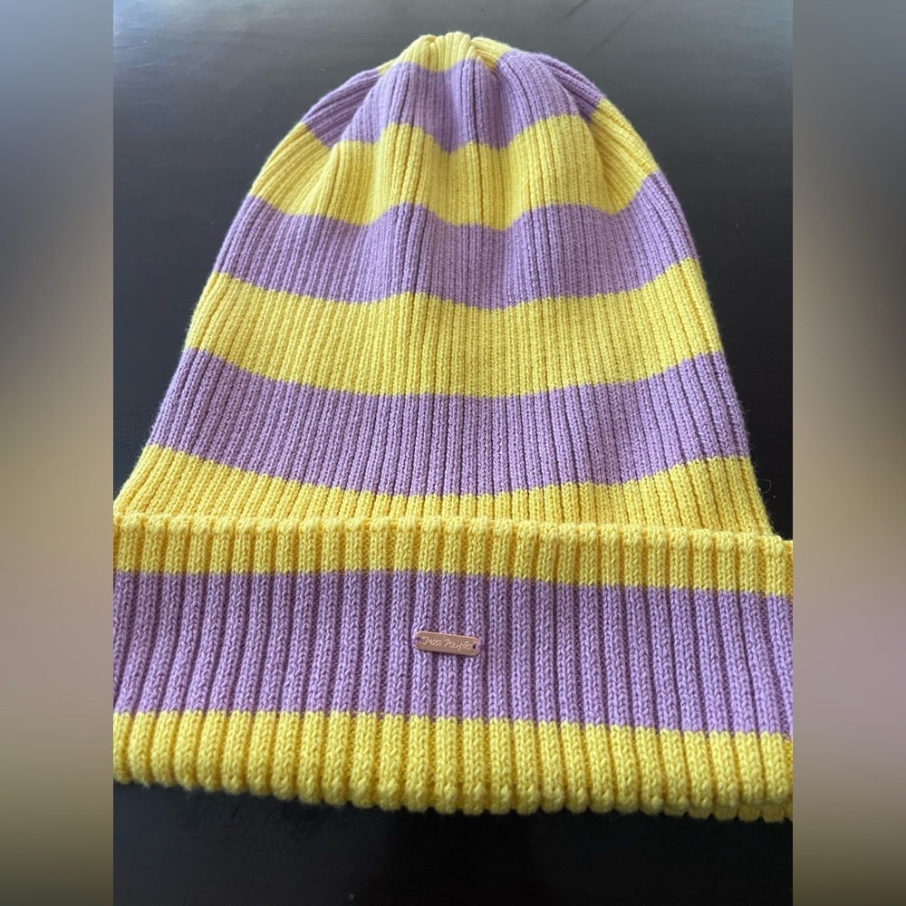 Free People Woman’s Stylish Youthful Striped Yellow and Lilac Purple Knit Beanie